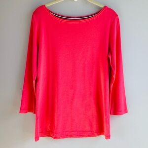 Talbots Knit Top Tee Vivid Pink Boat Neck 3/4 Sleeve Soft Cotton Colorful Small